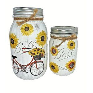 2 Ball Mason Jars Hand Painted Summer Bicycle Sunflowers 32oz & 16oz With Bands